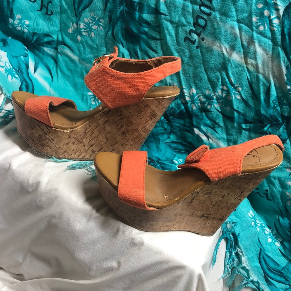 D 💖 size 7 orange cork wedges shoes wear 5.5” heel